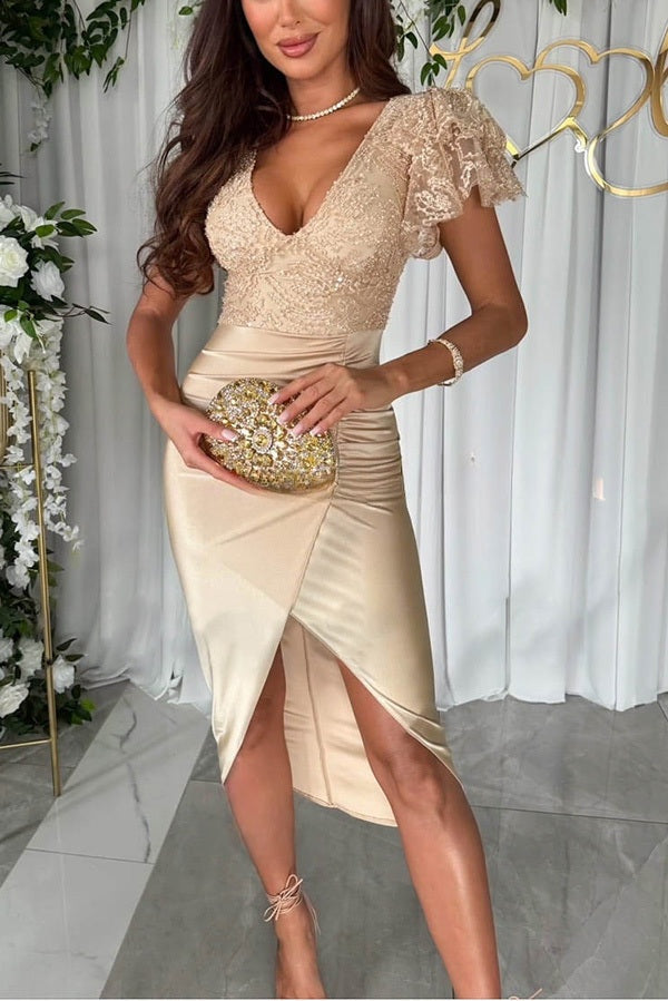 ® Dreamy Luxury Lace and Satin Patchwork Ruffle Sleeve Ruched Midi Dress