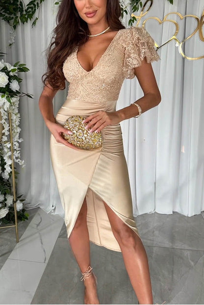 ® Dreamy Luxury Lace and Satin Patchwork Ruffle Sleeve Ruched Midi Dress