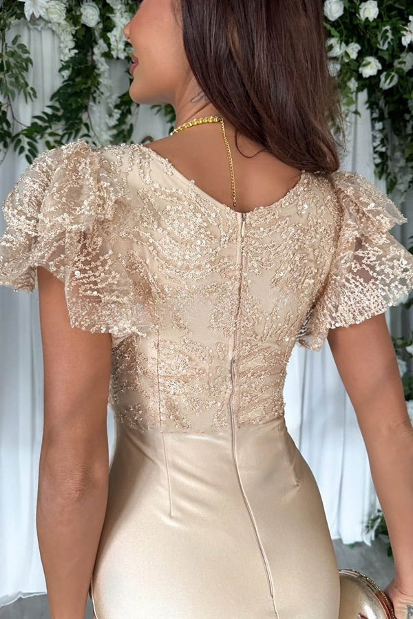 ® Dreamy Luxury Lace and Satin Patchwork Ruffle Sleeve Ruched Midi Dress