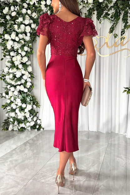 ® Dreamy Luxury Lace and Satin Patchwork Ruffle Sleeve Ruched Midi Dress