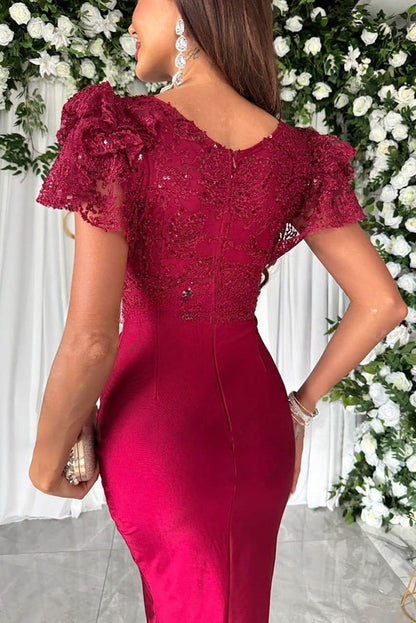 ® Dreamy Luxury Lace and Satin Patchwork Ruffle Sleeve Ruched Midi Dress
