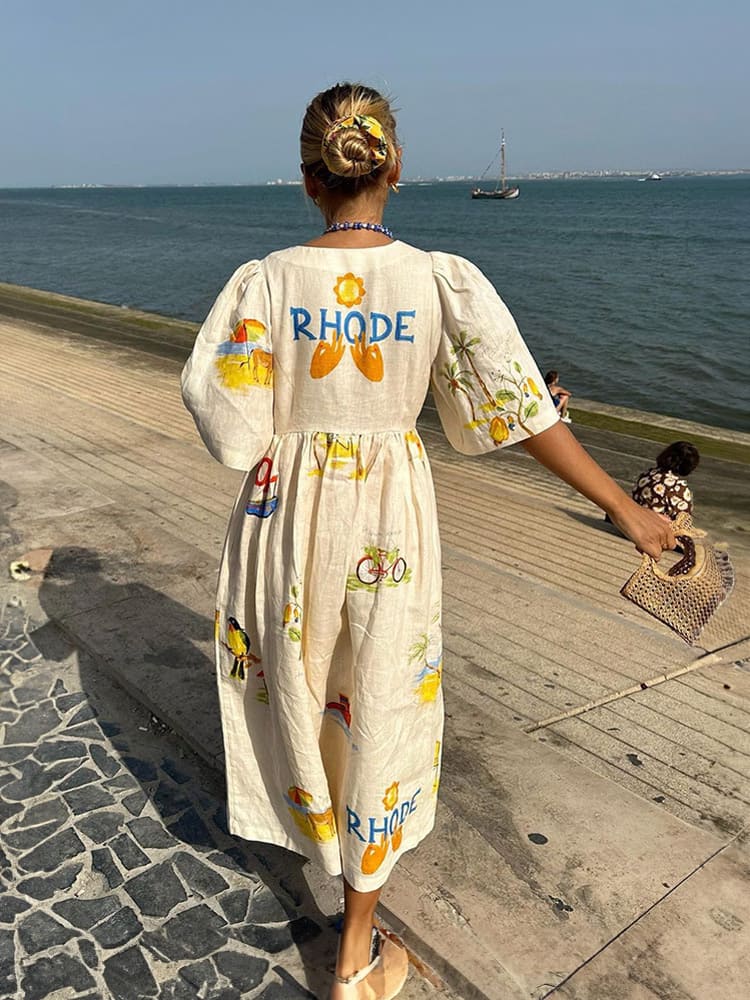 Tropical Graphic Button Front Puff Sleeve Empire Midi Dress