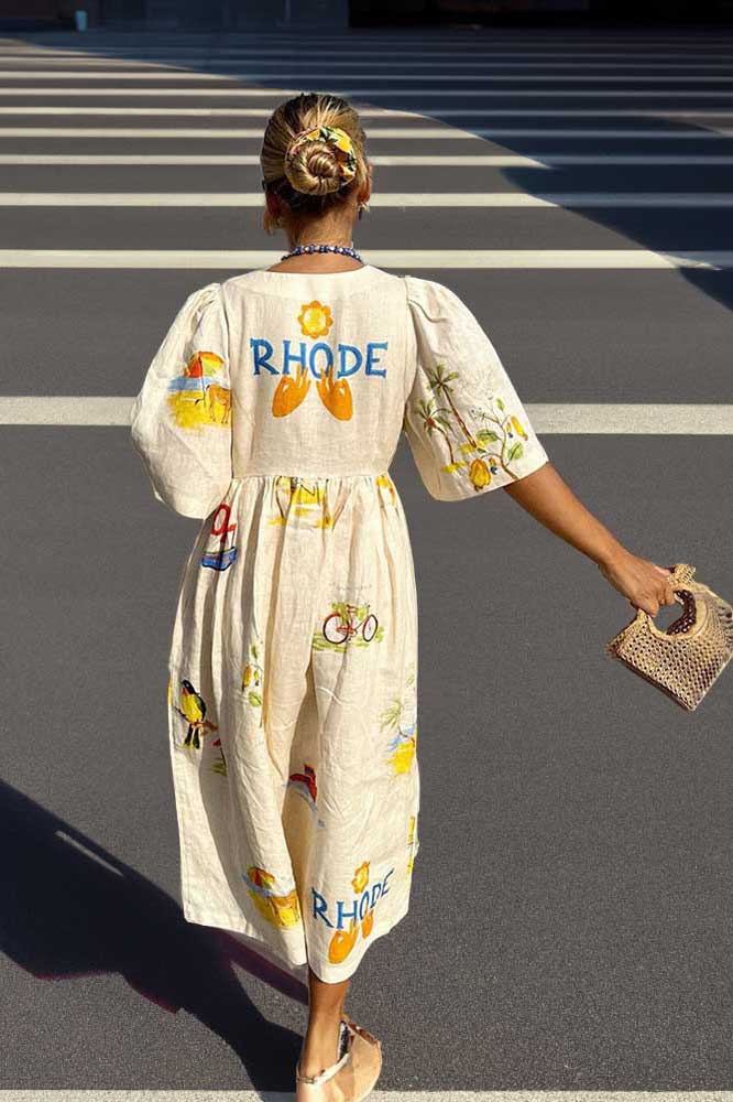 Tropical Graphic Print V-Neck Puff Sleeve Button Front Linen Look Midi Dress