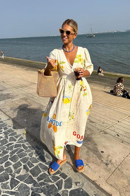 Tropical Graphic Print Button Down V-Neck Flutter Sleeve Midi Dress