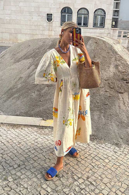 Tropical Graphic Print V-Neck Puff Sleeve Button Front Linen Look Midi Dress
