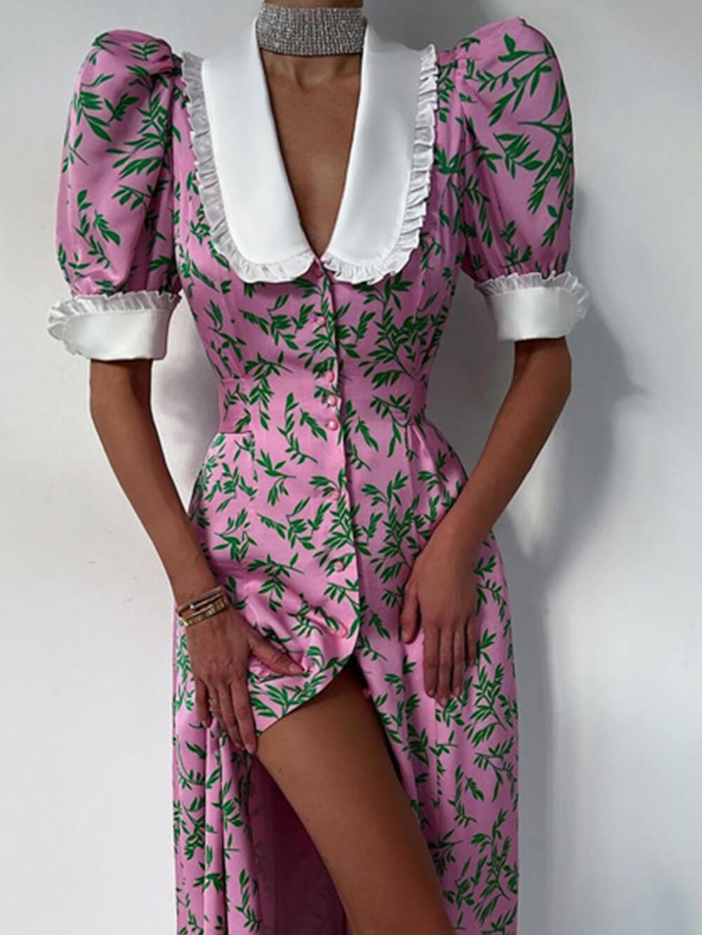 Oversized Collar Ruffle Cuff Vine Print Button Front Slit Midi Dress