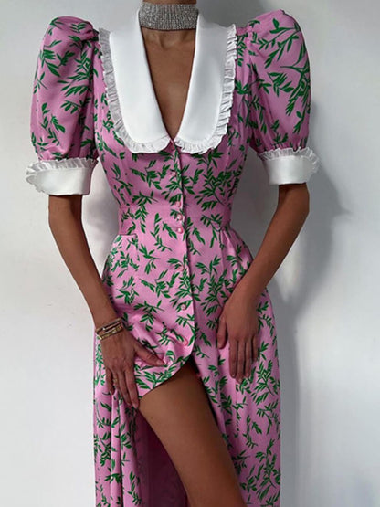Oversized Collar Ruffle Cuff Vine Print Button Front Slit Midi Dress
