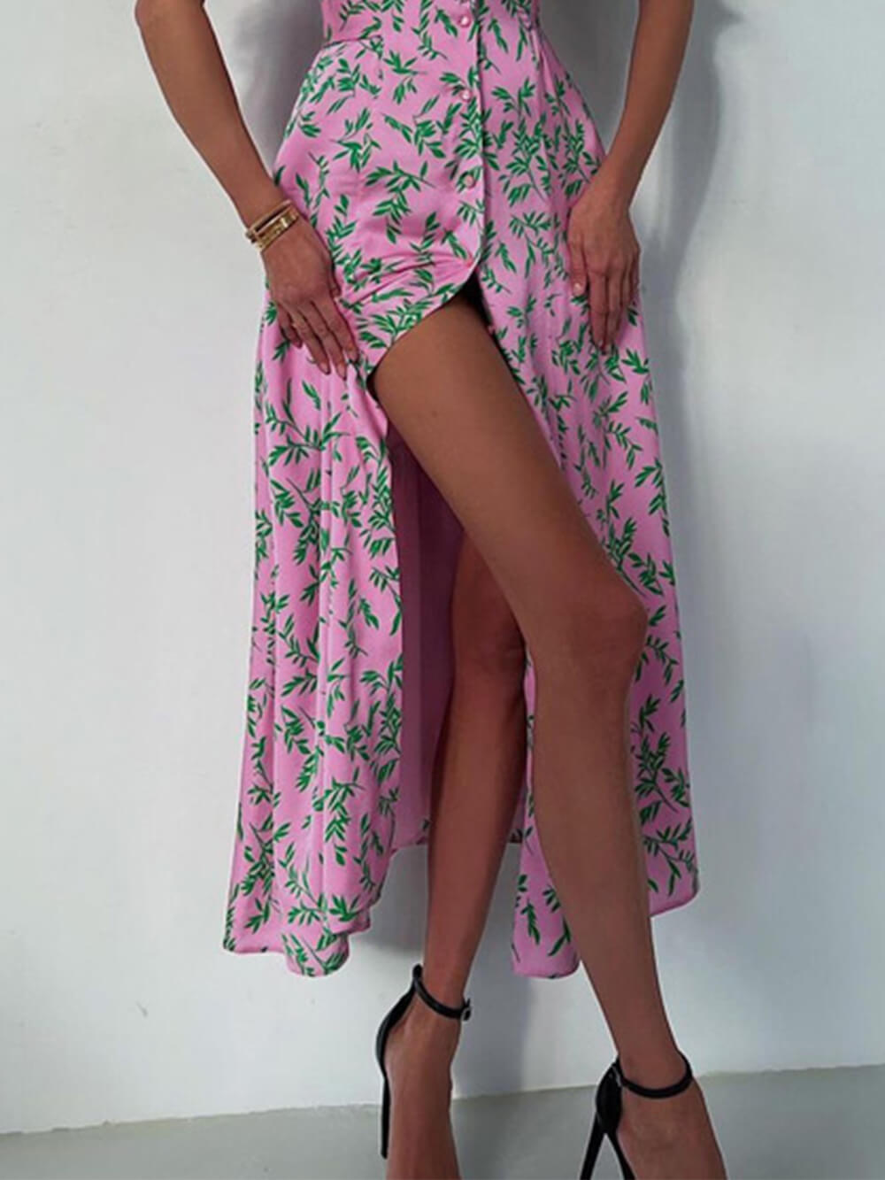 Oversized Collar Ruffle Cuff Vine Print Button Front Slit Midi Dress