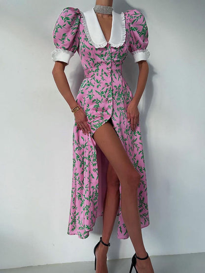 Oversized Collar Ruffle Cuff Vine Print Button Front Slit Midi Dress