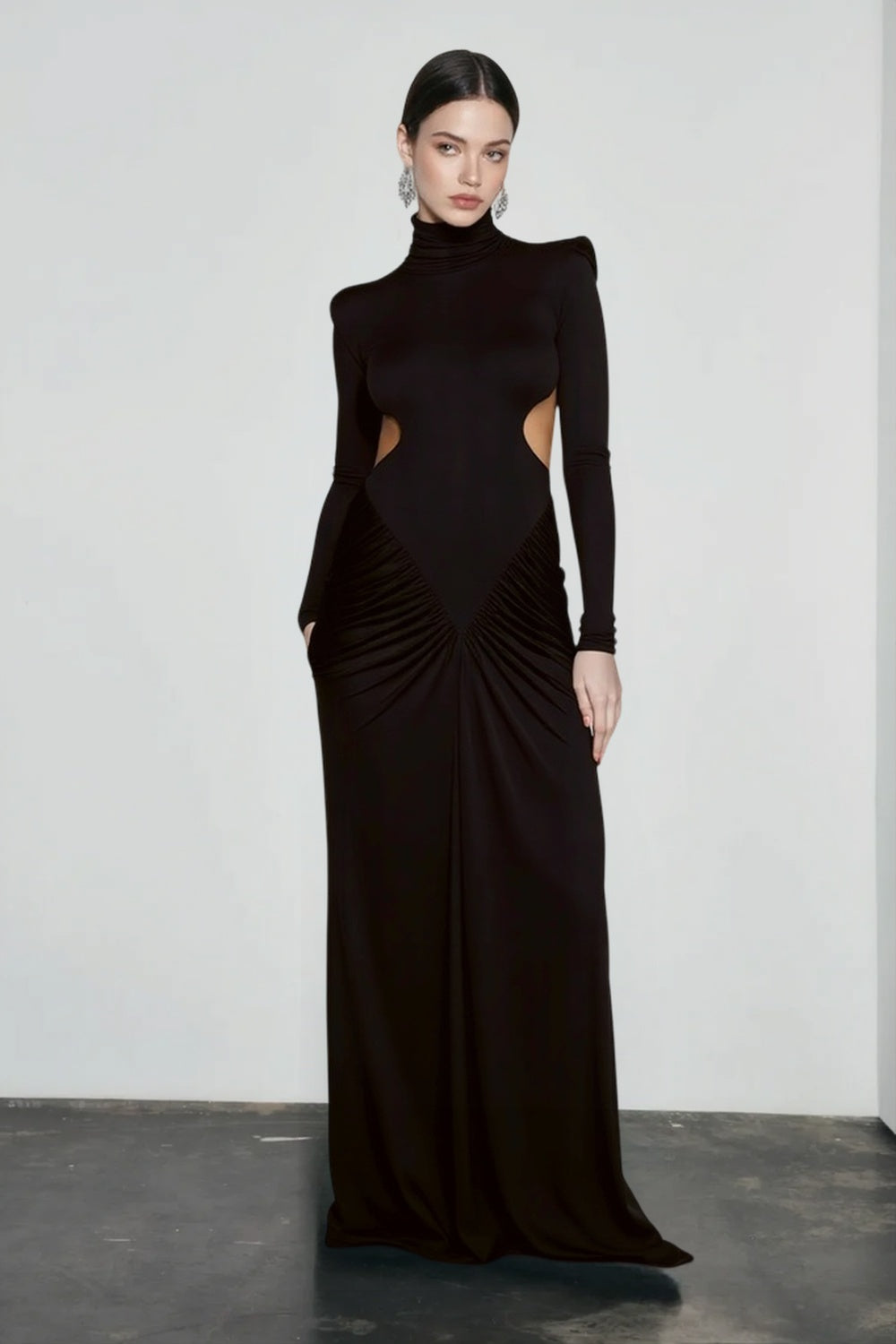 Mock Neck Long Sleeve Waist Cutout Draped Loop Maxi Dress