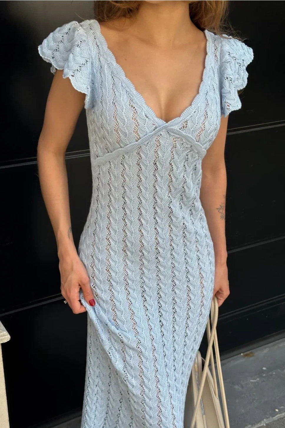 French Ruffle V Neck Knit Pastoral Maxi Dress