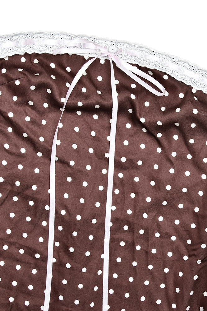 Brown Satin Polka Dot Strapless Backless Maxi Dress