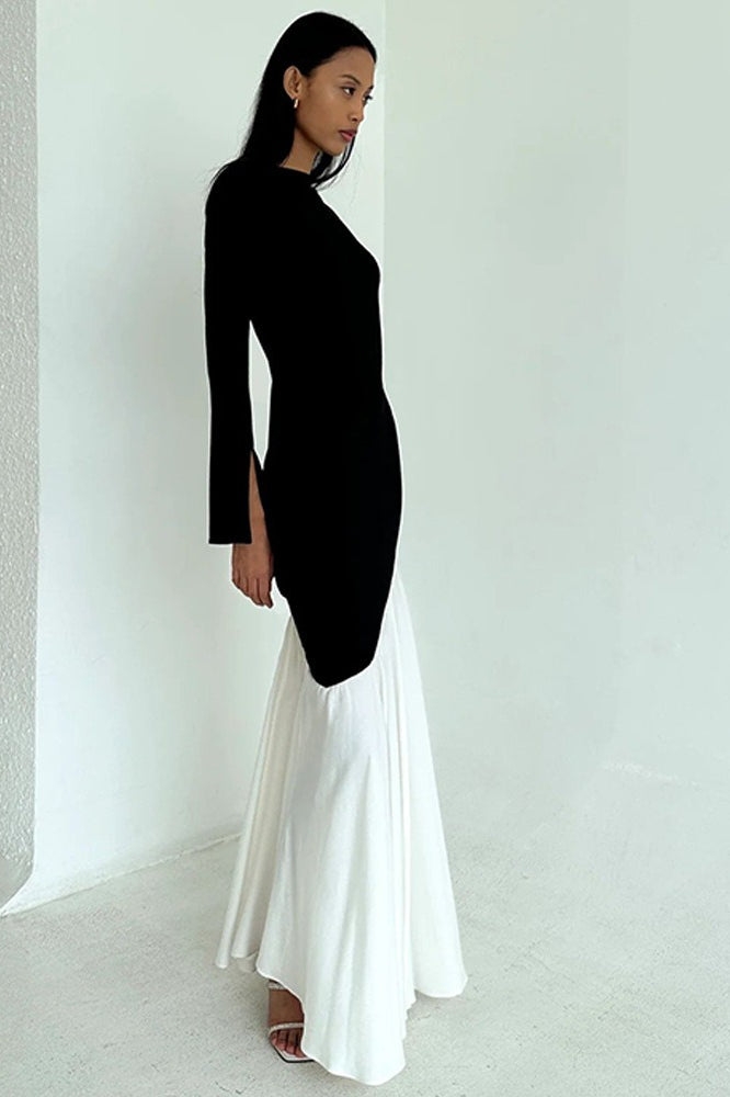 Long Sleeve Diagonal Seam Pleated Tier Maxi Dress