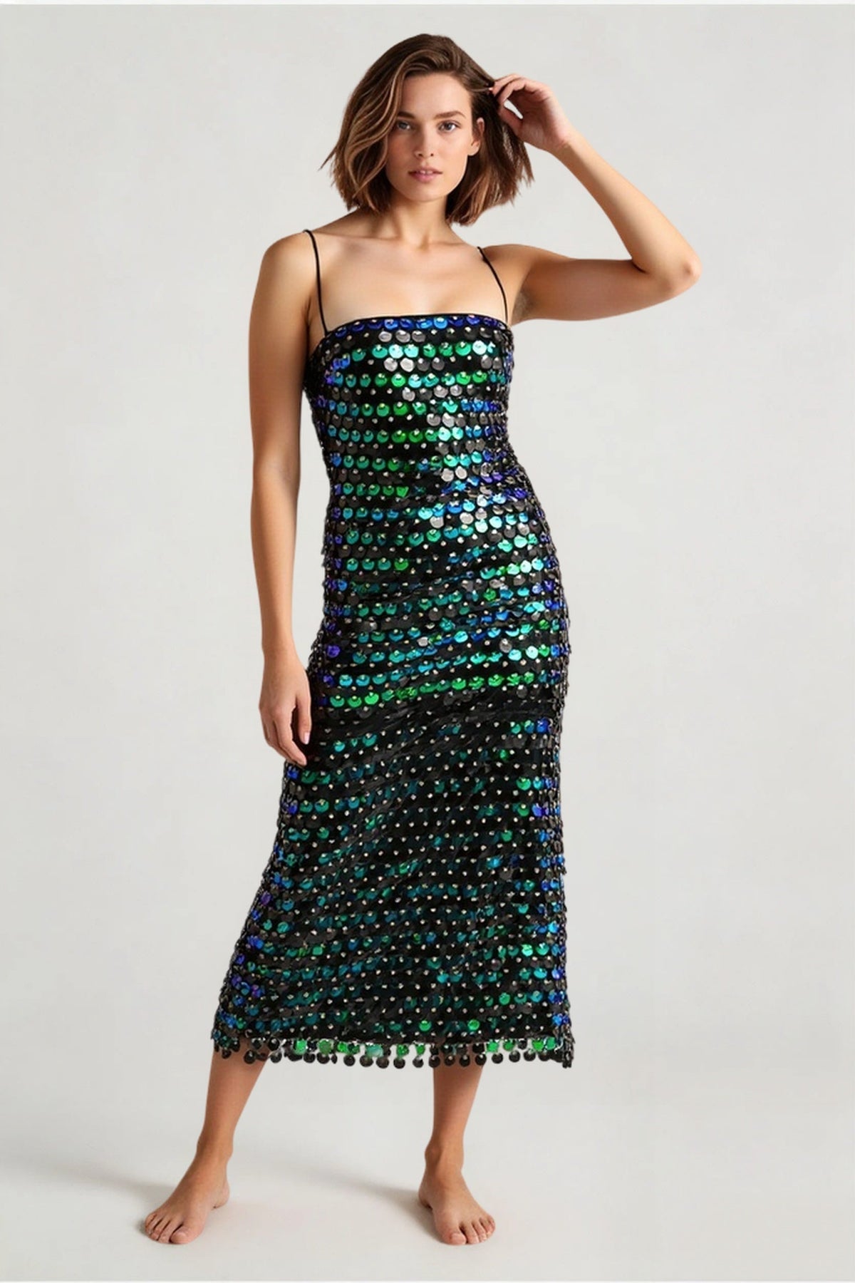Square Neck Disc Sequin Spaghetti Strap Bodycon Midi Dress