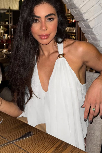 Mesh Asymmetrical Solid Halter Cami Top