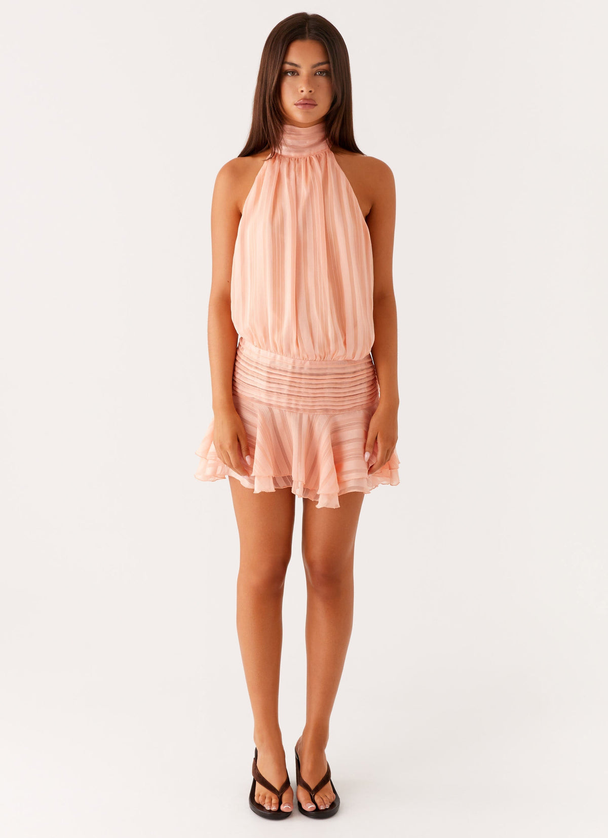 Halter Mock Neck Stripe Ruched Waist Ruffle Hem Mini Dress