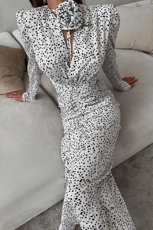 Polka Dot Puff Sleeve V-Neck Rosette Applique Ruched Maxi Dress