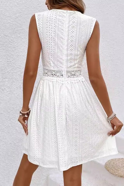 Deep V Neck Crochet Lace Waistband Eyelet Panel A-Line Mini Dress