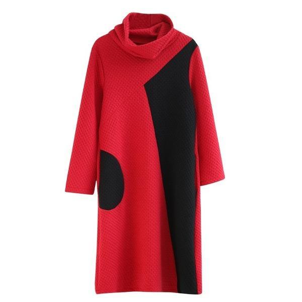 Quilted Cowl Neck Panel Block Long Sleeve Tunic Dress