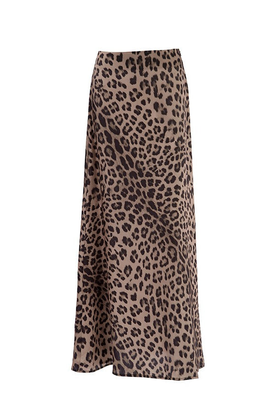 Satin Leopard Print A-Line Maxi Skirt