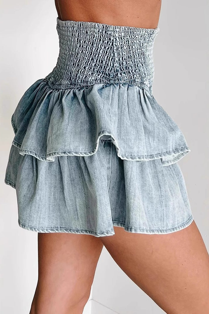 American Retro Denim Ruffled Skirt