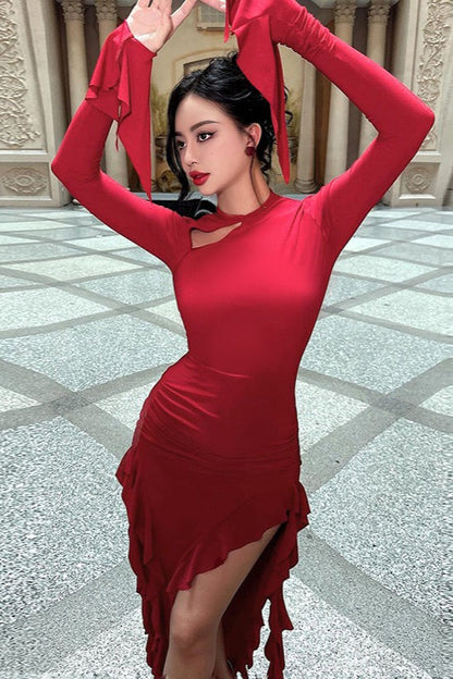Ruffle Split Long Sleeve Maxi Dress