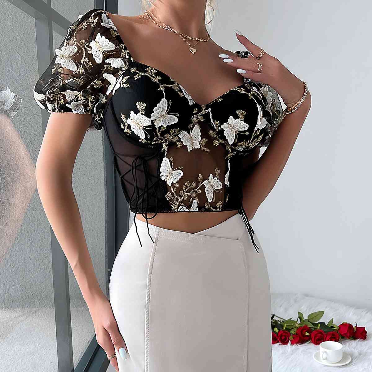 Butterfly Whispers Embroidery Charming Mesh Corset Top