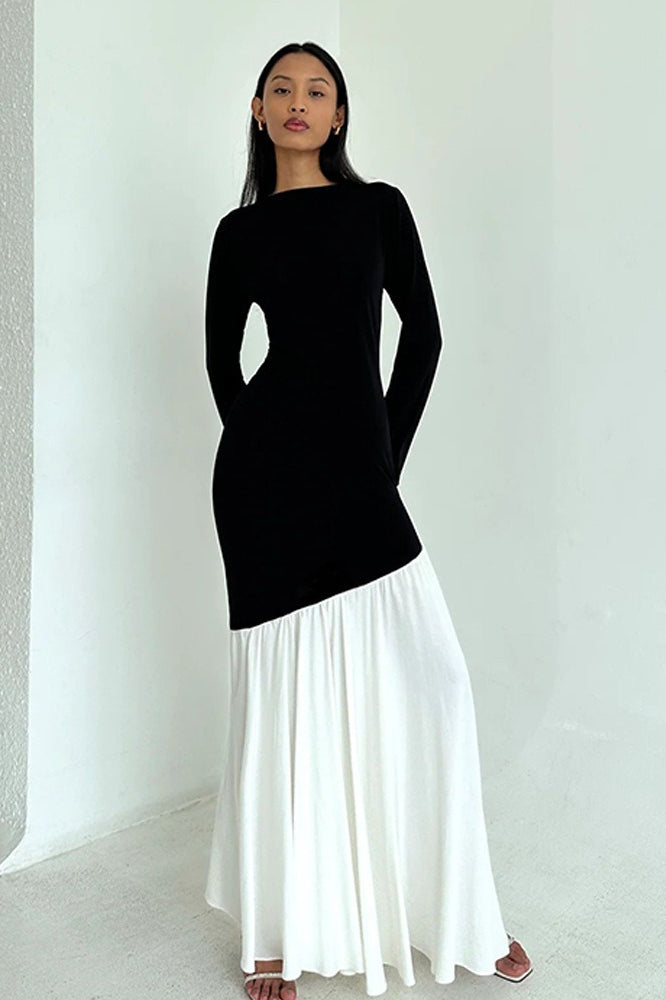 Long Sleeve Diagonal Seam Pleated Tier Maxi Dress