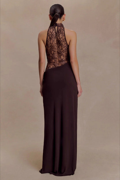 Brown Halter Lace Cowl Bodycon Dress