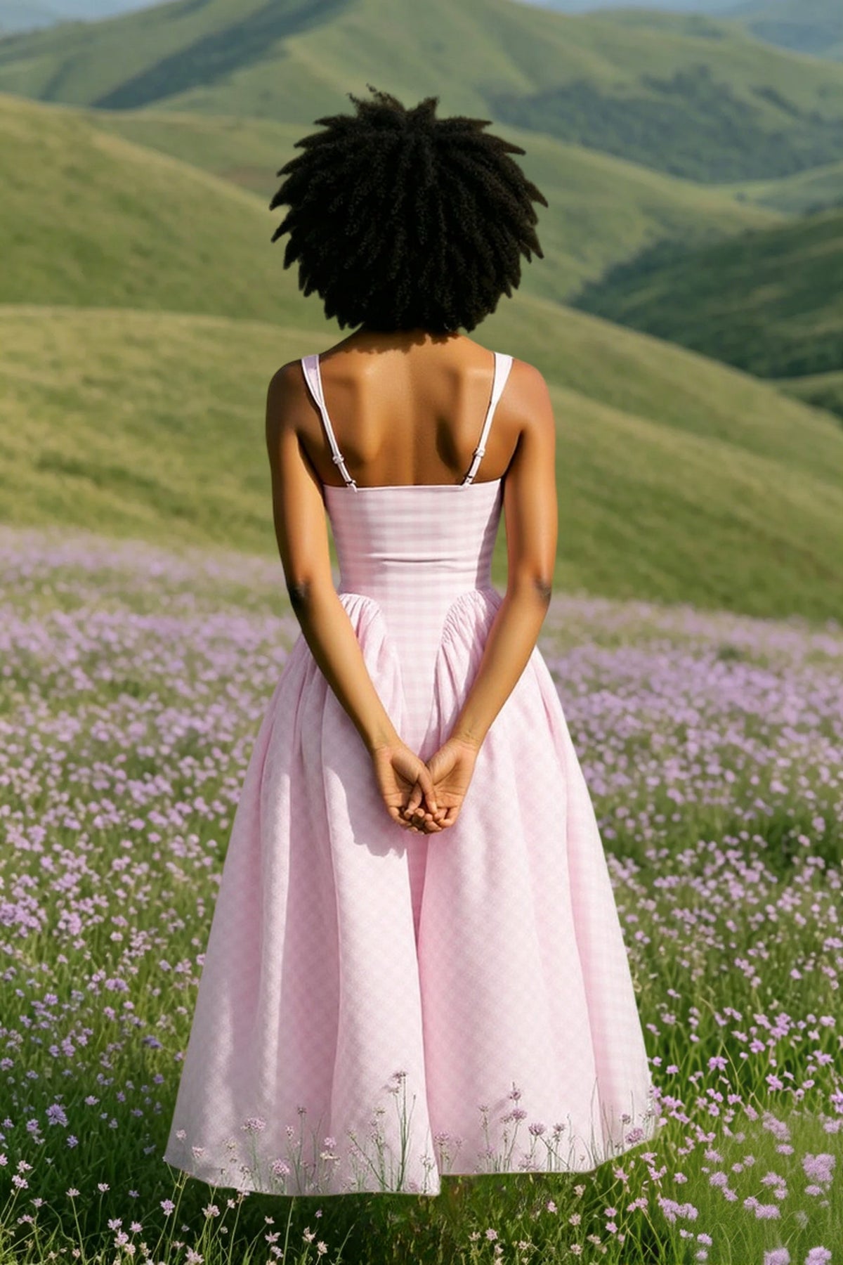 Square Neck Dropped Point Waist Gingham Check Fit and Flare Midi Dress