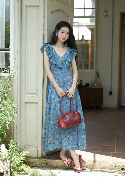 V-Neck Ruffled Midi Floral Dress