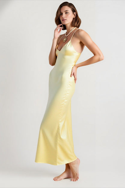 Satin Scarf Collar Halter Column Maxi Dress