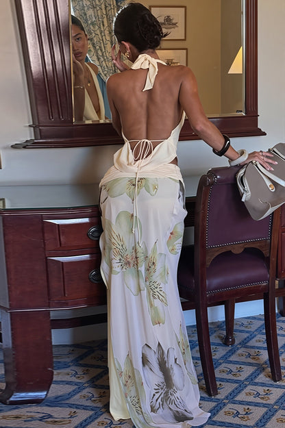 Halter Floral Mesh Slit Maxi Skirt Set