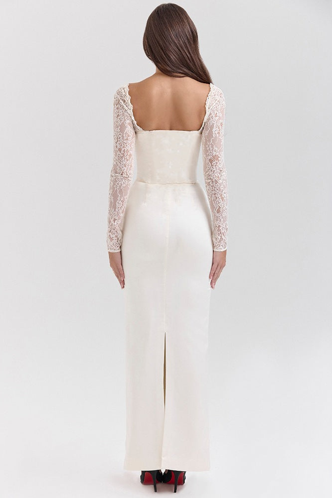 Lace Corset Sweetheart Long Sleeve Satin Column Maxi Dress