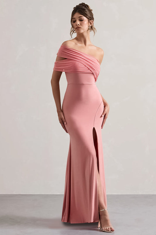 Mesh Panel Off-Shoulder Split Bodycon Party Dress
