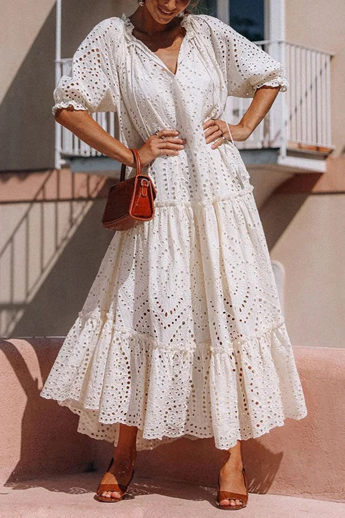 Deep V-Neck Puff Sleeve Tiered Eyelet Lace Scalloped Hem Maxi Dress