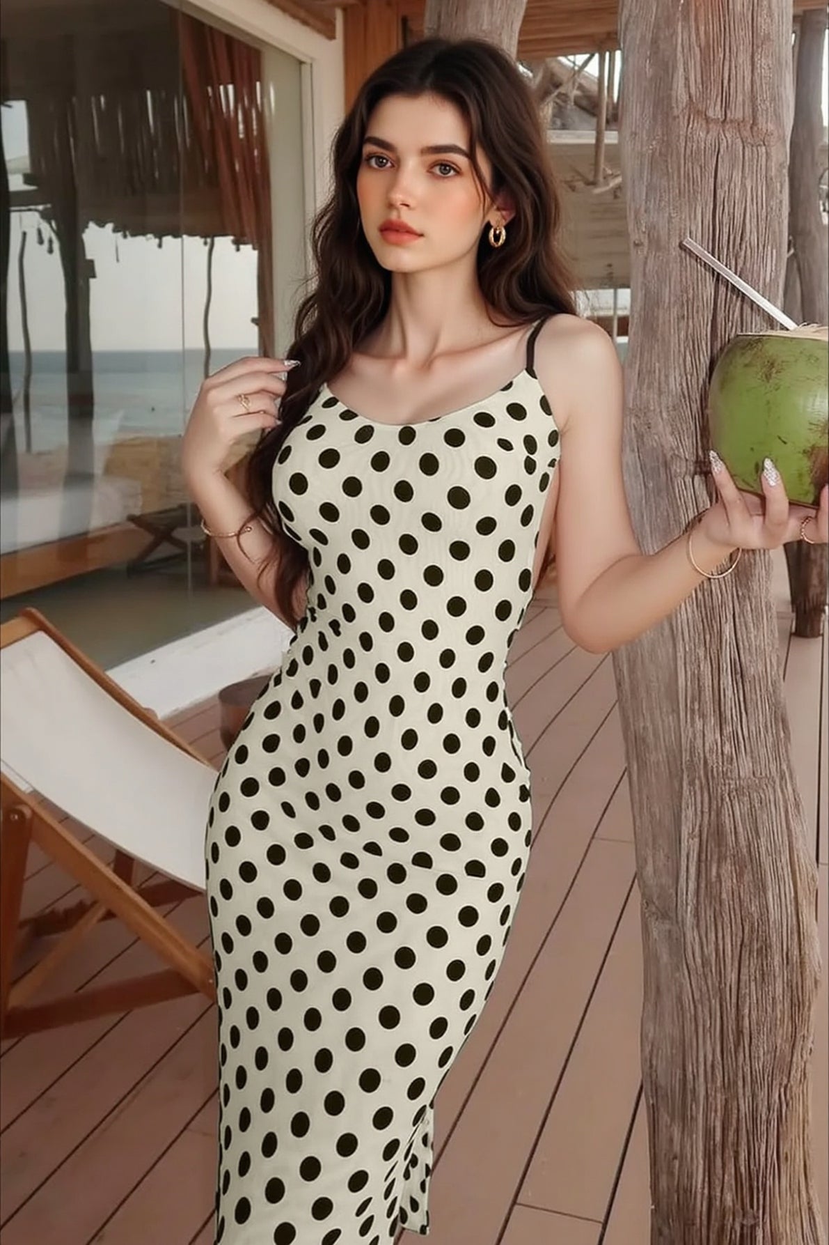 Scoop Neck Ribbed Polka Dot Spaghetti Strap Bodycon Midi Dress