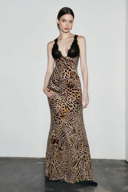Lace Plunge Halter Neck Spotted Print Bodycon Midi Dress