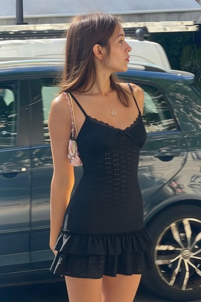 Scalloped Lace Trim Bow V Neck Eyelet Tiered Ruffle Spaghetti Strap Mini Dress