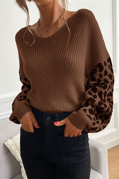 Slouchy Leopard Splice Knit Sweater
