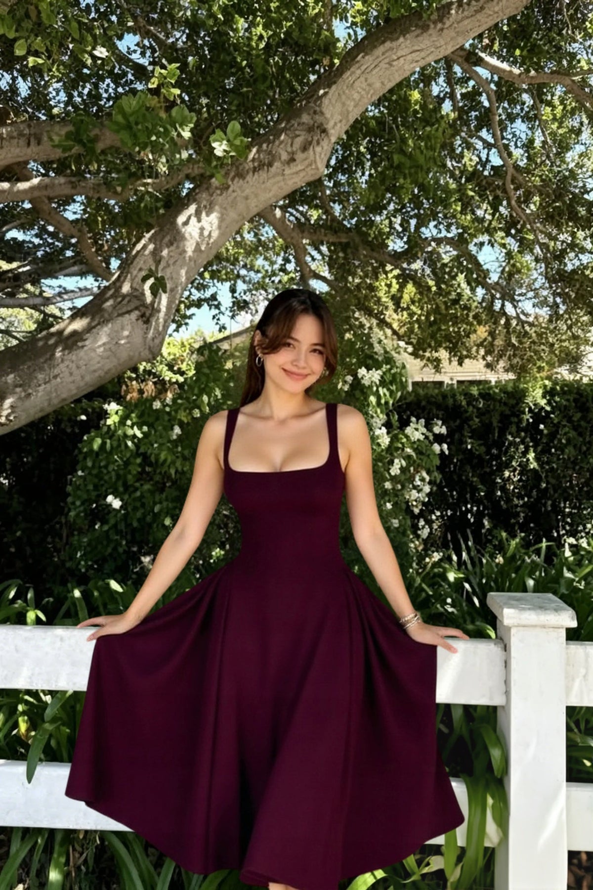 Square Neck Wide Strap Fitted Bodice A-Line Midi Dress