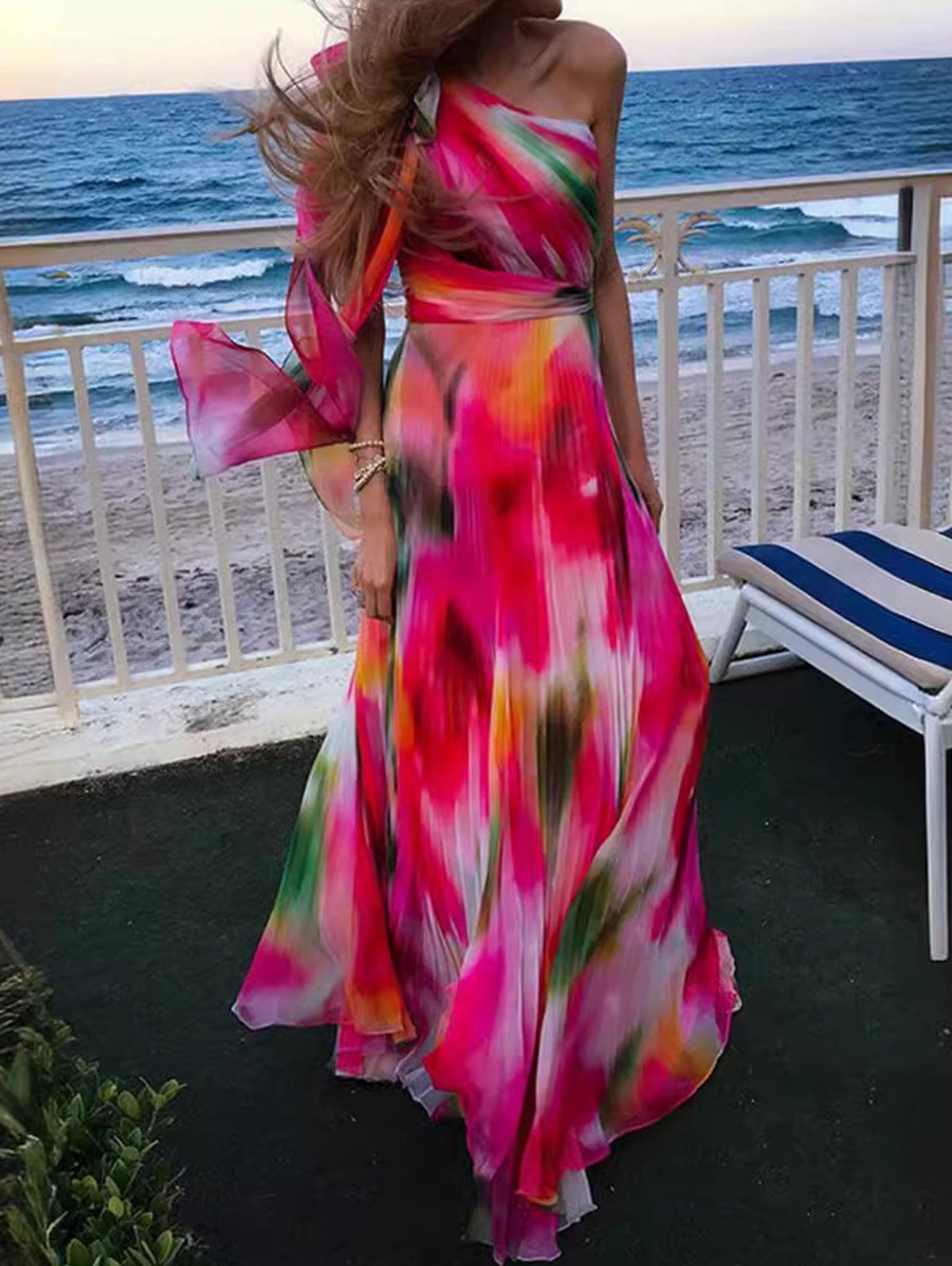 One Shoulder Bow Strap Abstract Watercolor Pleated Maxi Gown