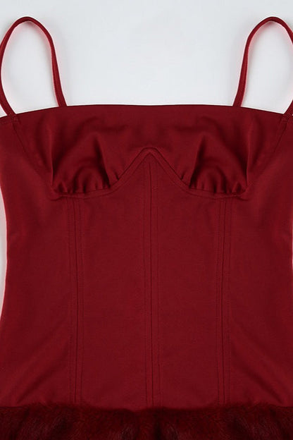 Spaghetti Strap Corset Bustier Faux Fur Trim Bodycon Mini Dress