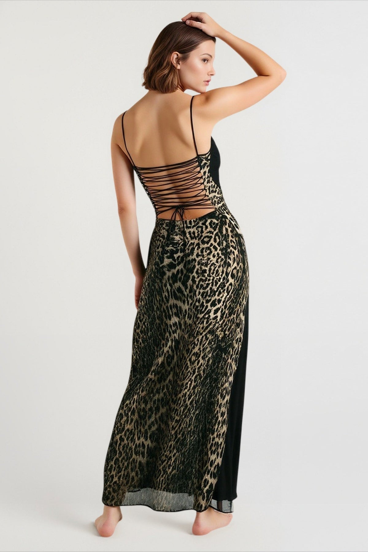 Spaghetti Strap Lace Corset Bodice Print Column Maxi Dress