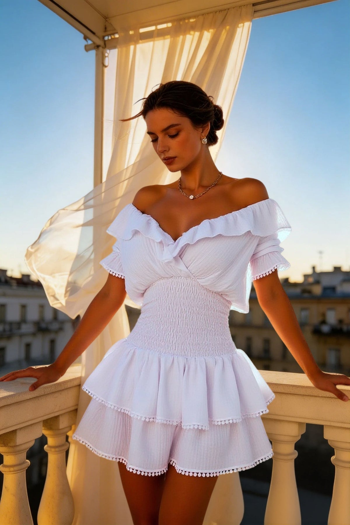 Off Shoulder Ruffle Neck Smocked Waist Lace Trim Tier Mini Dress