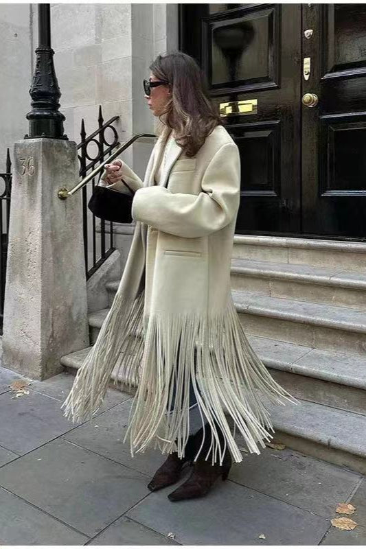 Solid Color Fringe Long Blazer Coat