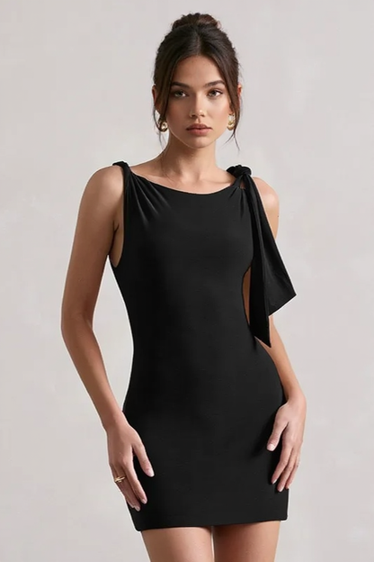 Boat Neck Knot Shoulder Drape Panel Bodycon Mini Dress