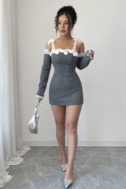 Grey Lace Trim Off Shoulder Sweater Dress