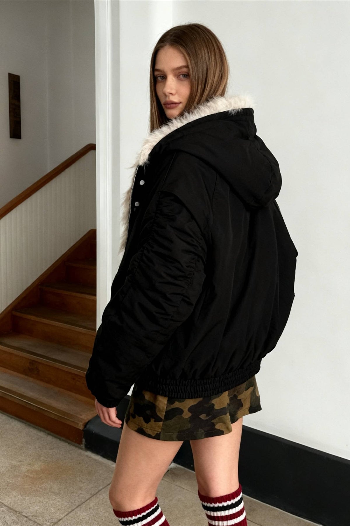 Fur-Lined Oversized Bomber Jacket