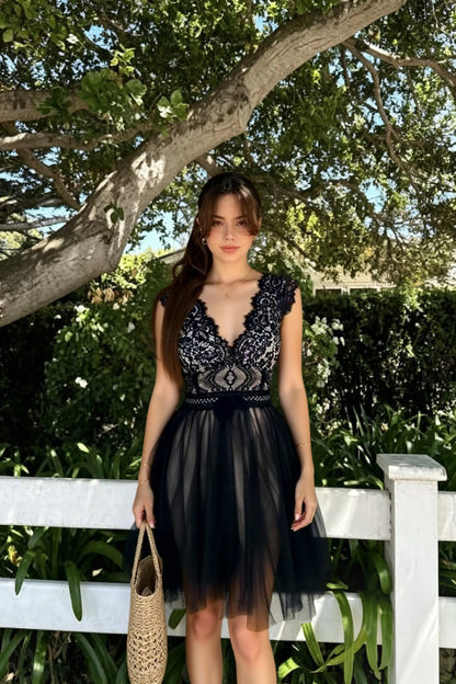 Lace Scalloped Cap Sleeve Bow Waist Tiered Tulle Handkerchief Hem Mini Dress